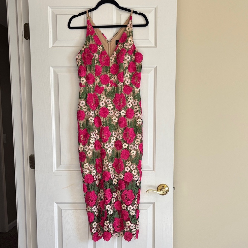 Xscape Pink and Green Floral Midi Dress